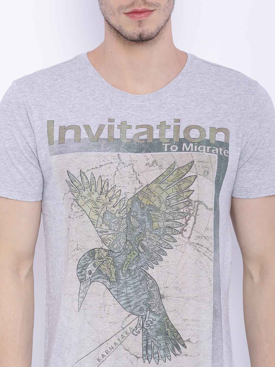 Wolfpack Men Grey Melange Printed T-Shirt Wolfpack