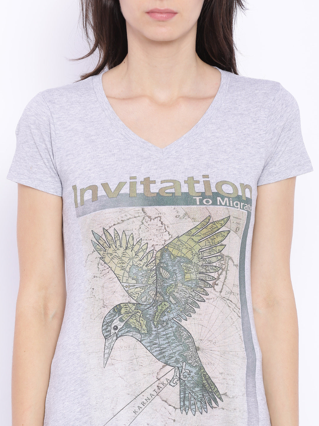 Wolfpack Women Grey Melange Printed T-Shirt Wolfpack