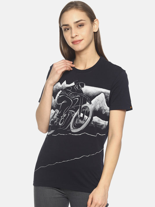 Wolfpack Women Navy Blue Printed Biking T-Shirt Wolfpack
