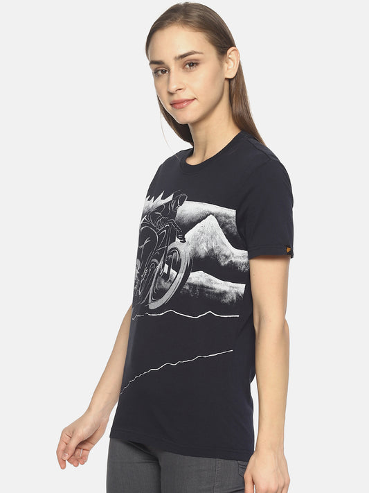 Wolfpack Women Navy Blue Printed Biking T-Shirt Wolfpack