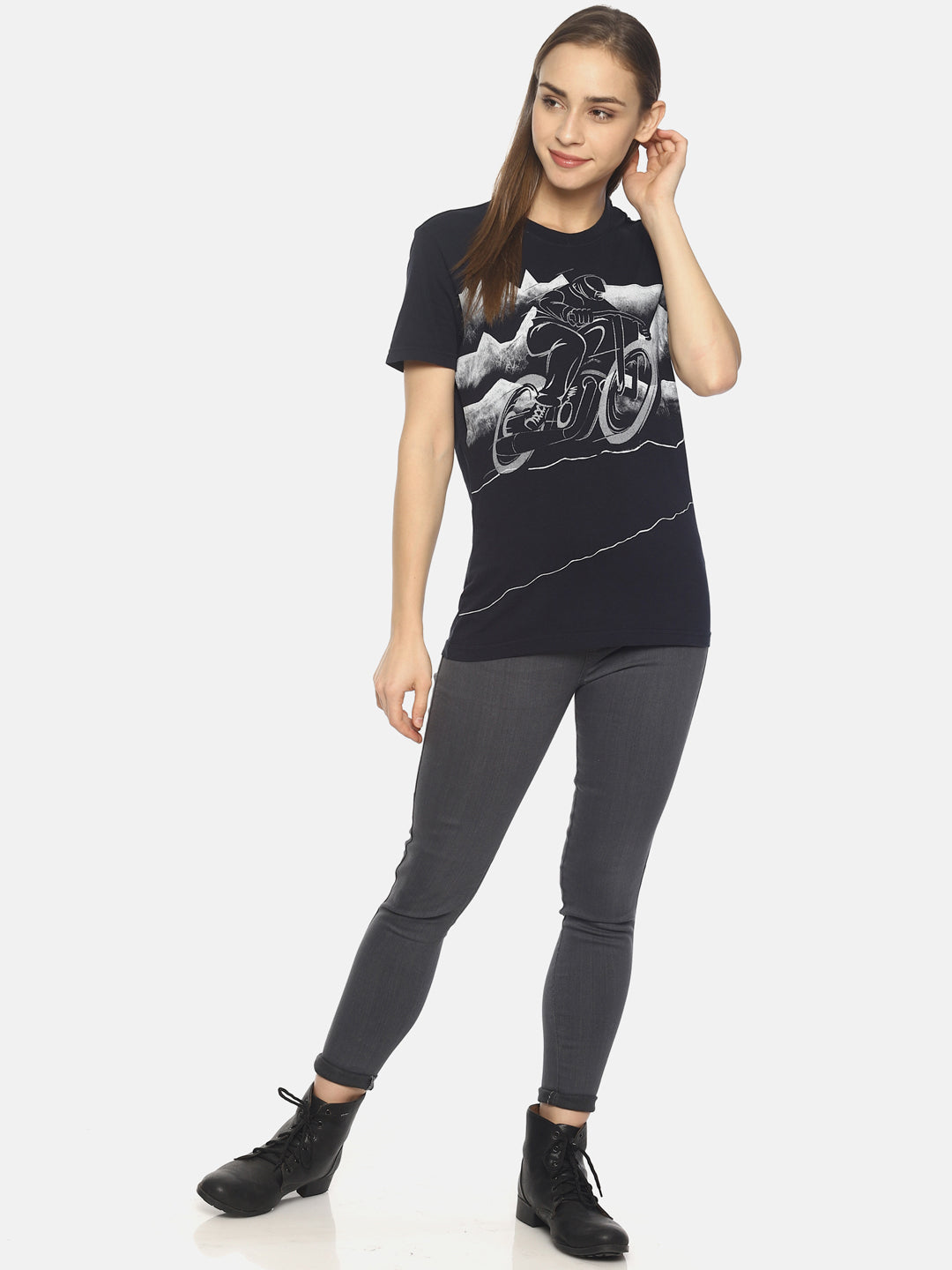 Wolfpack Women Navy Blue Printed Biking T-Shirt Wolfpack