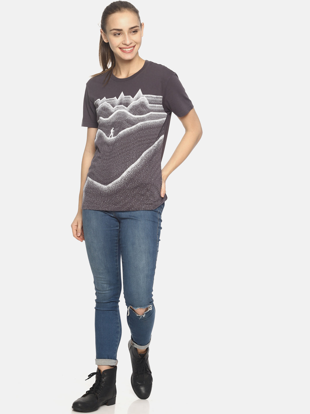 Wolfpack Women Dark Grey Printed T-Shirt Wolfpack
