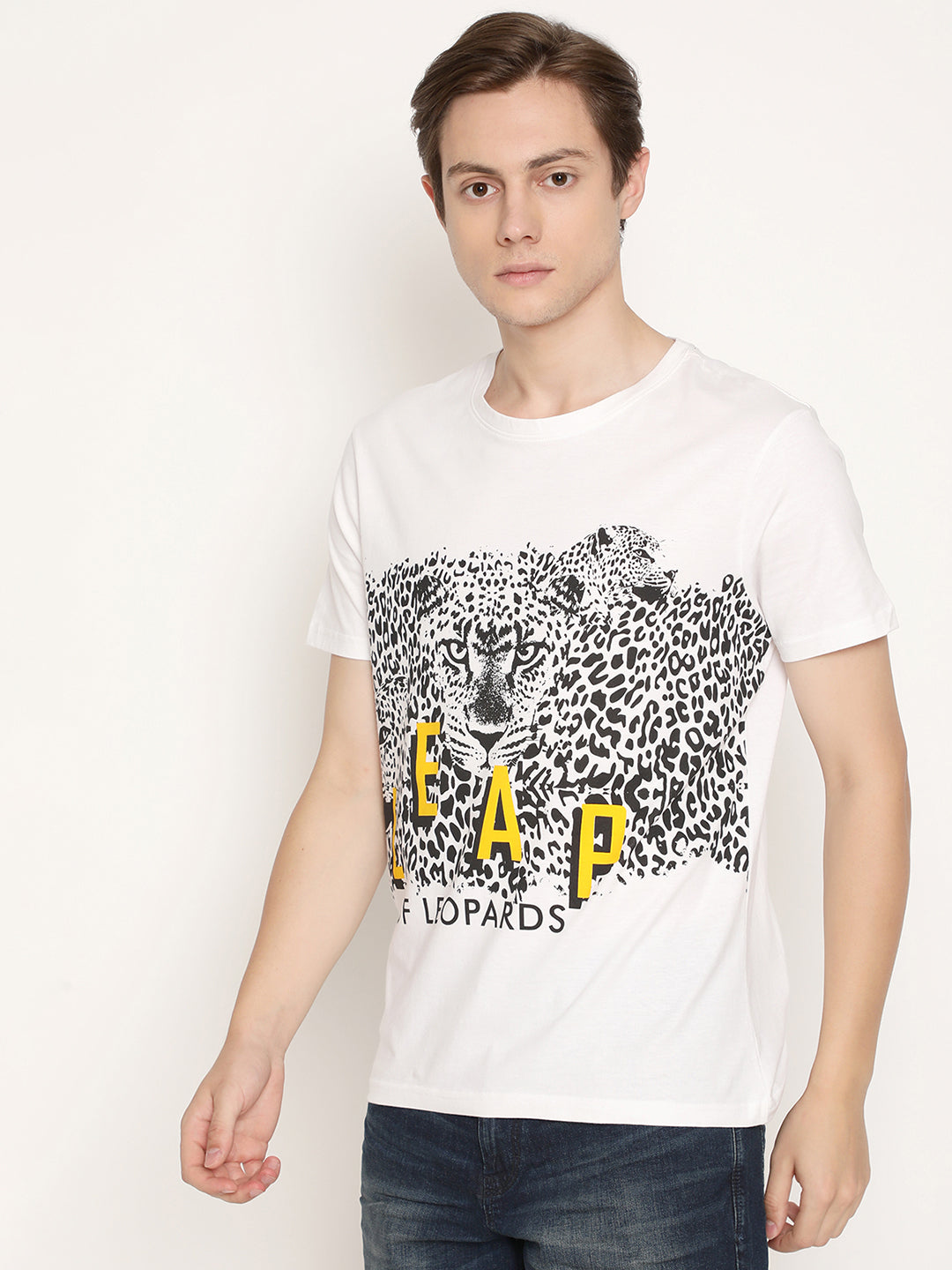 Leap Of Leopards White Printed Men T-Shirt Wolfpack