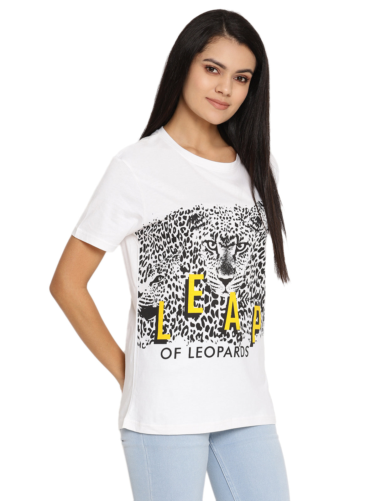 Wolfpack Leap Of Leopards White Printed Women T-Shirt Wolfpack