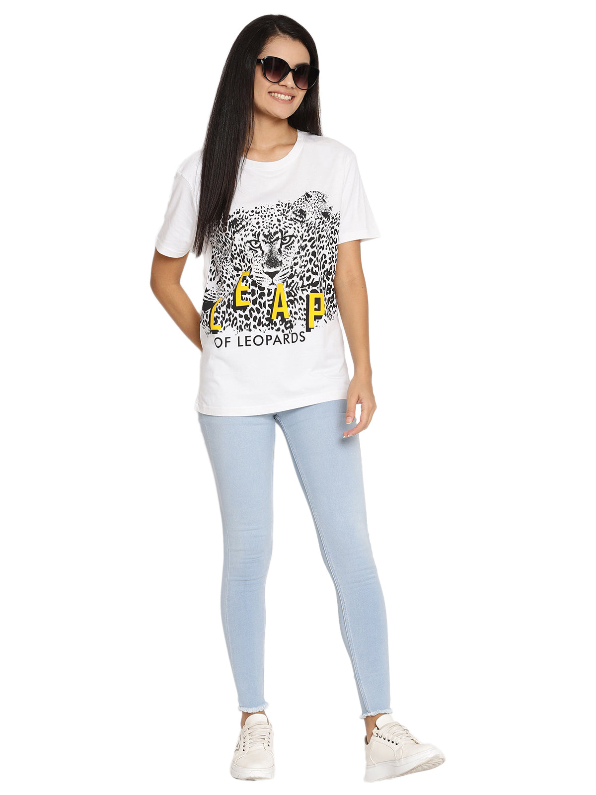 Wolfpack Leap Of Leopards White Printed Women T-Shirt Wolfpack