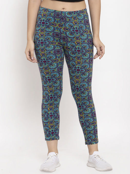 Wolfpack Women Blue Printed Ankle Length Leggings Wolfpack