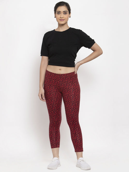 Wolfpack Women Red and Black Printed Ankle Length Leggings Wolfpack