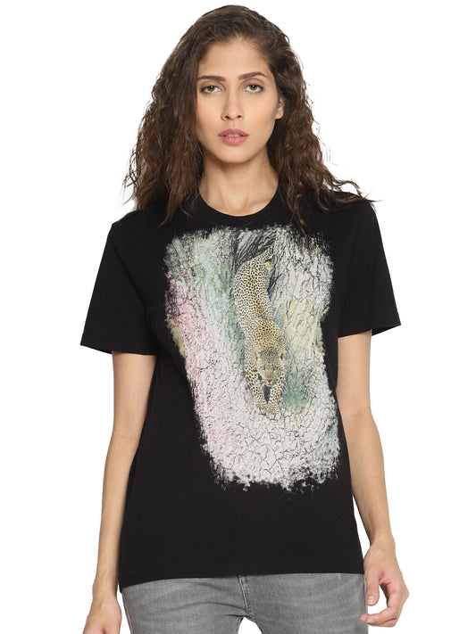 Wolfpack Leopard Down Black Printed Women T-Shirt Wolfpack