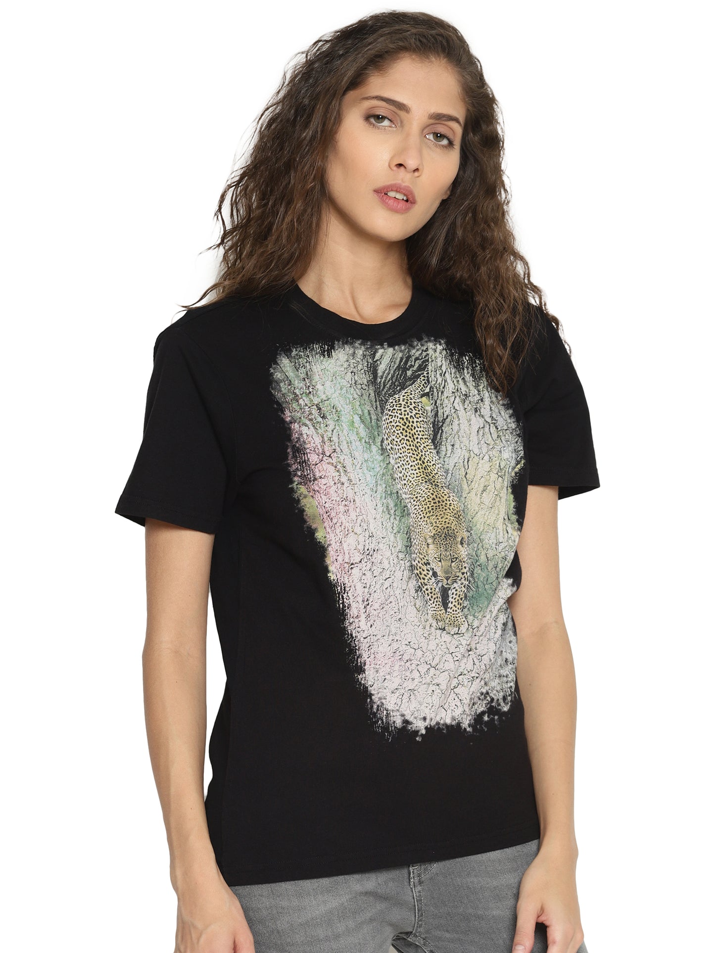 Wolfpack Leopard Down Black Printed Women T-Shirt Wolfpack