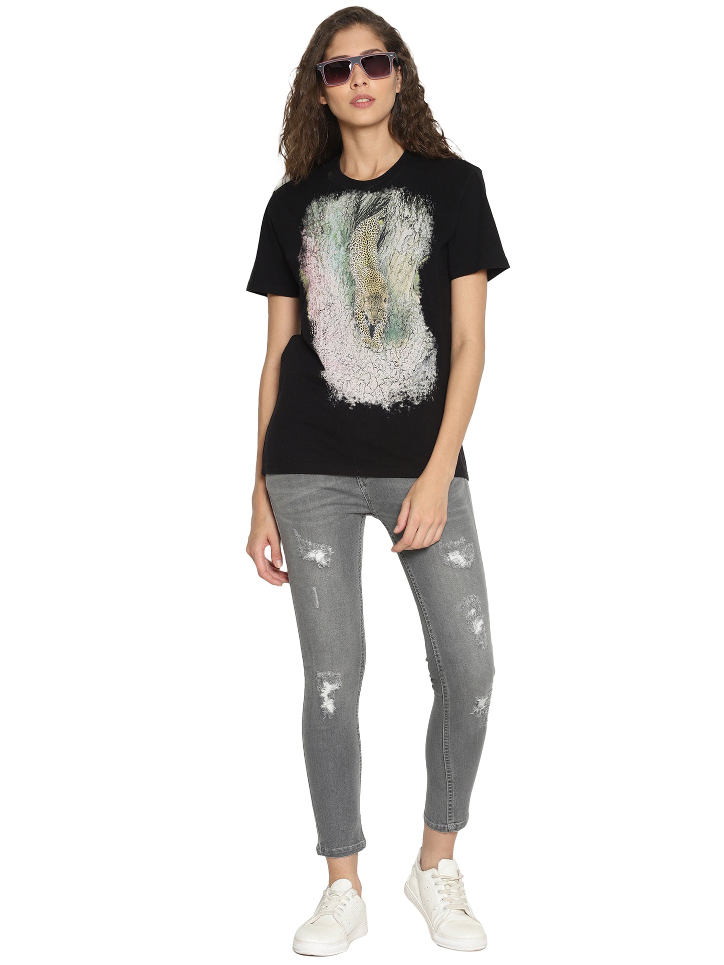 Wolfpack Leopard Down Black Printed Women T-Shirt Wolfpack