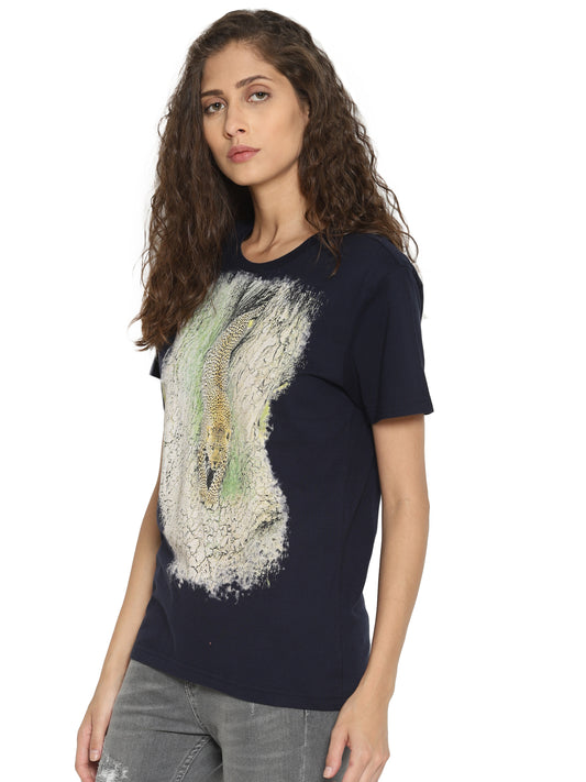 Wolfpack Leopard Down Navy Blue Printed Women T-Shirt