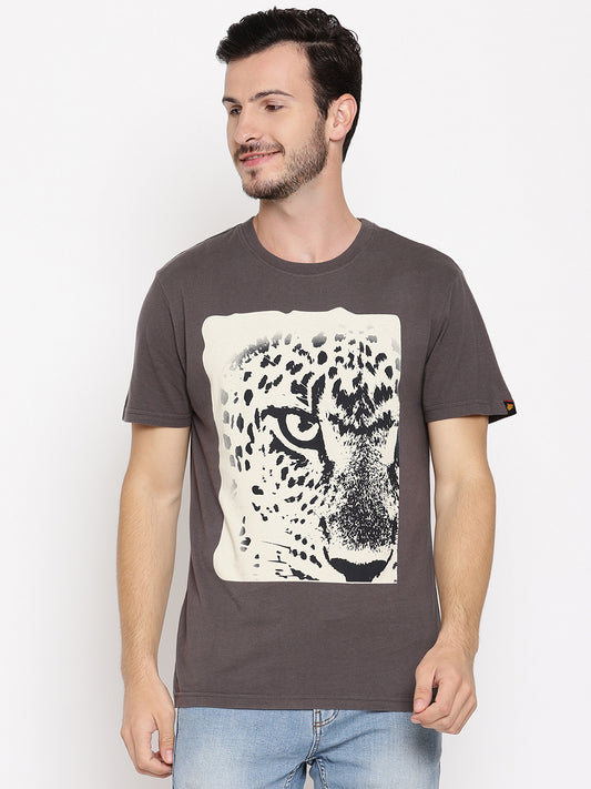 Leopard Eye Dark Grey Printed Men T-Shirt