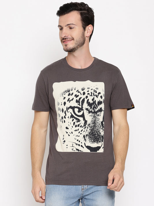 Leopard Eye Dark Grey Printed Men T-Shirt