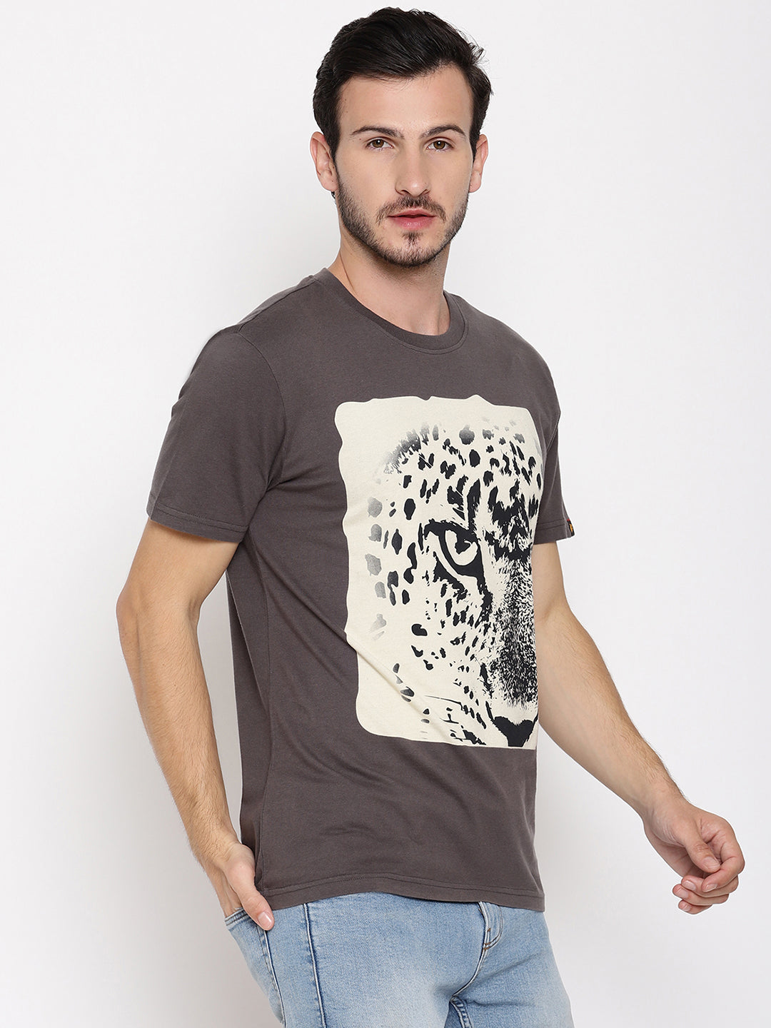 Leopard Eye Dark Grey Printed Men T-Shirt