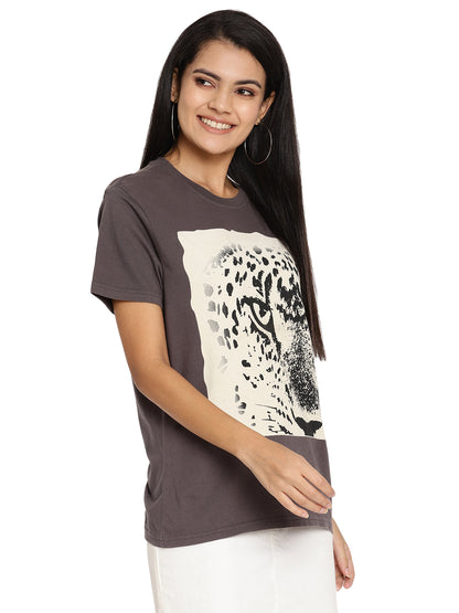 Wolfpack Leopard Eye Dark Grey Printed Women T Shirt