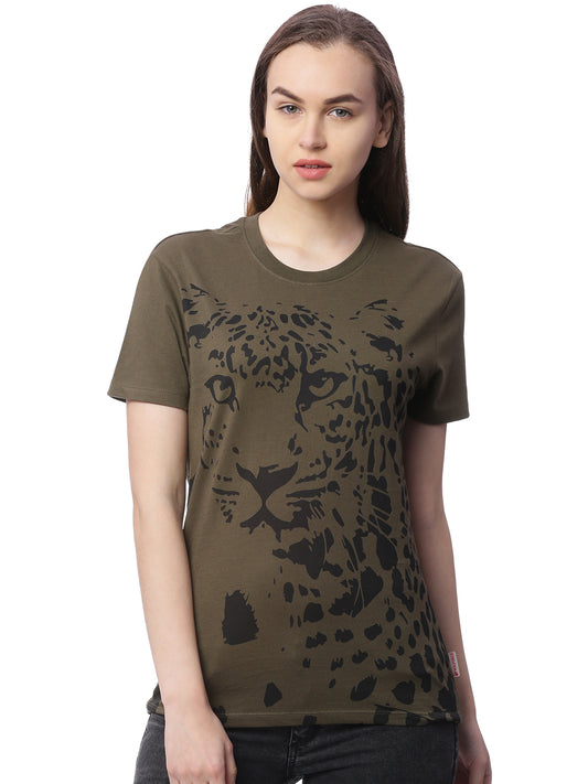 Wolfpack Women Army Green Printed T-Shirt Wolfpack