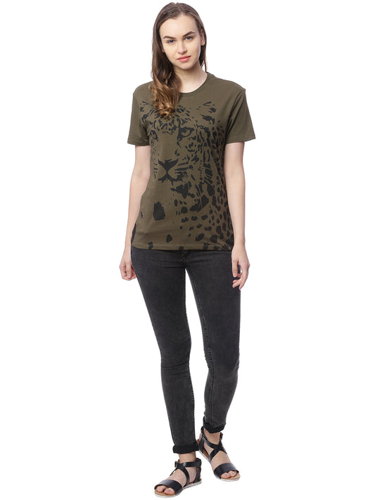 Wolfpack Women Army Green Printed T-Shirt Wolfpack