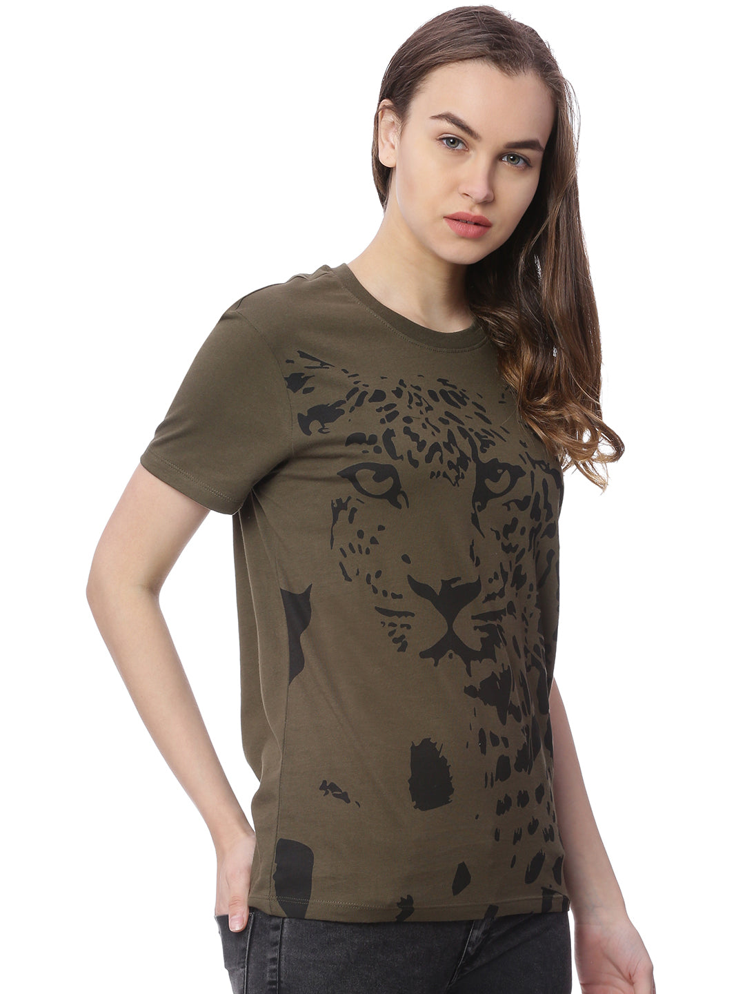 Wolfpack Women Army Green Printed T-Shirt Wolfpack