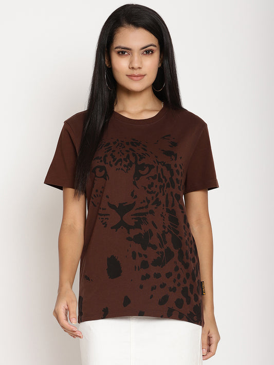 Wolfpack Women Choco Brown Printed T-Shirt Wolfpack