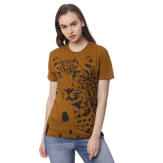 Wolfpack Leopard Graphic Greenish Brown Printed Women T-Shirt Wolfpack