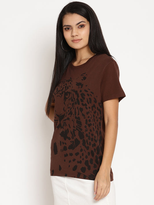 Wolfpack Women Choco Brown Printed T-Shirt Wolfpack
