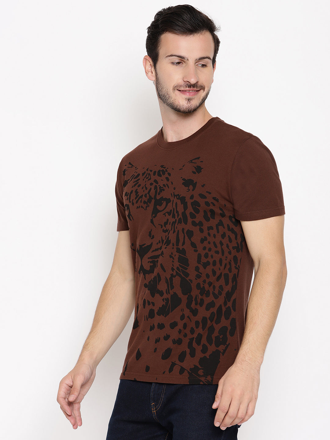 Leopard Graphic Choco Brown Printed Men T-Shirt Wolfpack