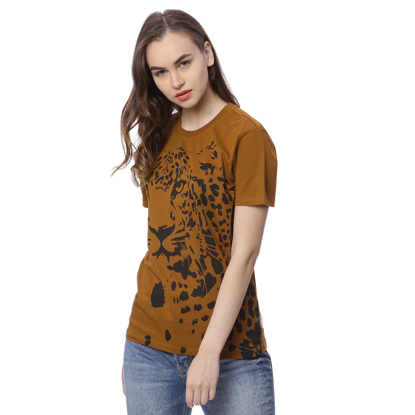 Wolfpack Leopard Graphic Greenish Brown Printed Women T-Shirt Wolfpack