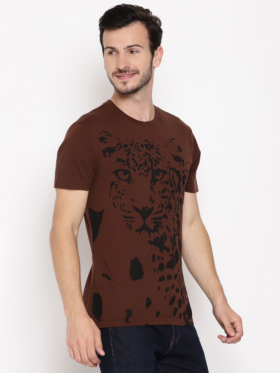 Leopard Graphic Choco Brown Printed Men T-Shirt Wolfpack