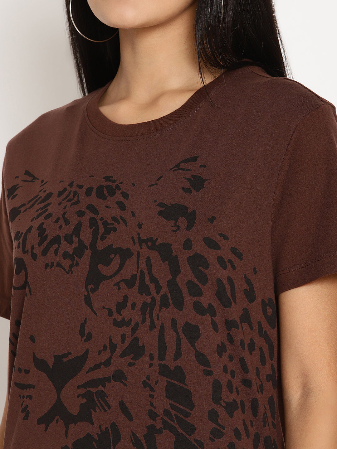Wolfpack Women Choco Brown Printed T-Shirt Wolfpack