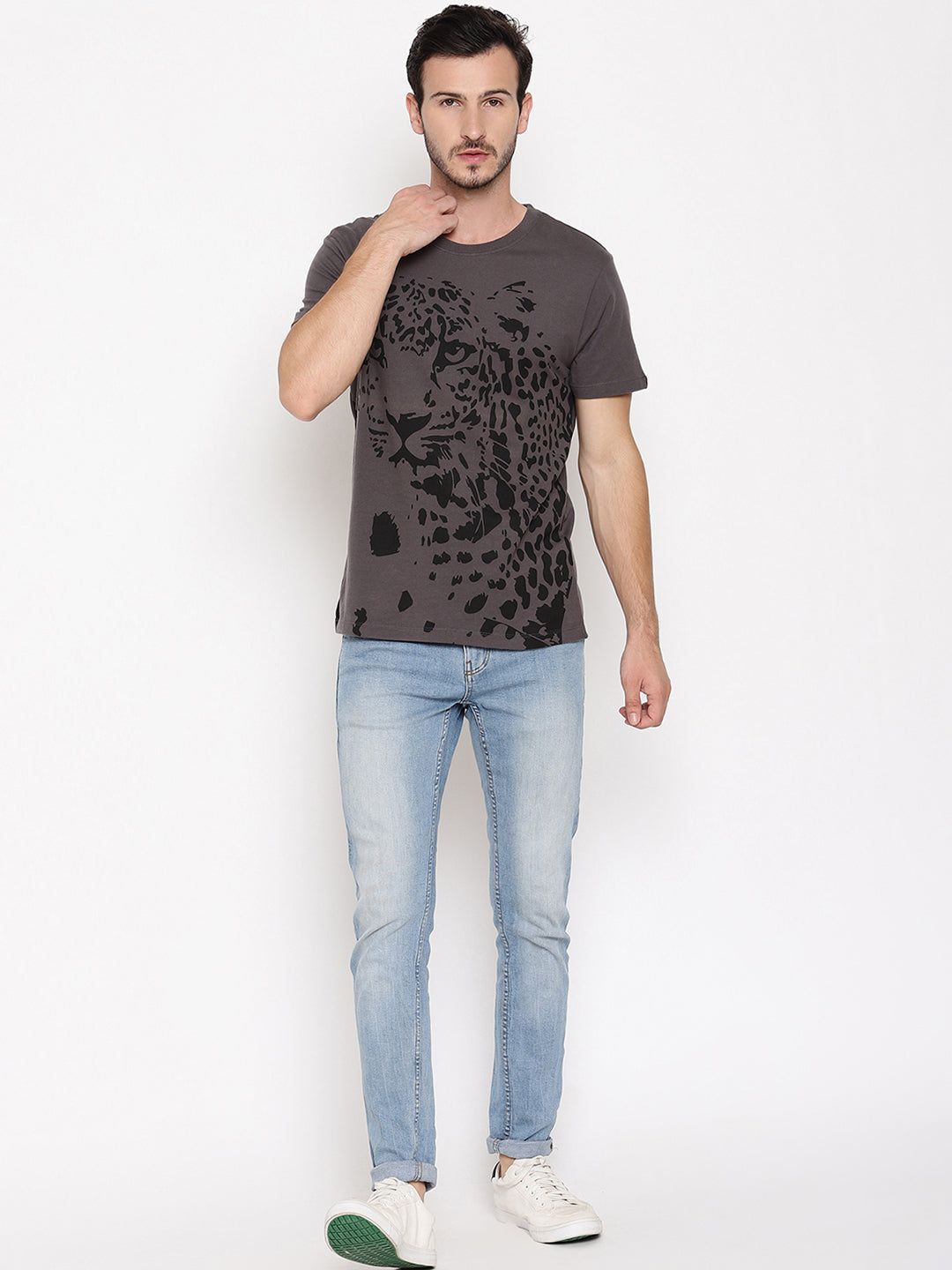 Leopard Graphic Dark Grey Printed Men T-Shirt Wolfpack