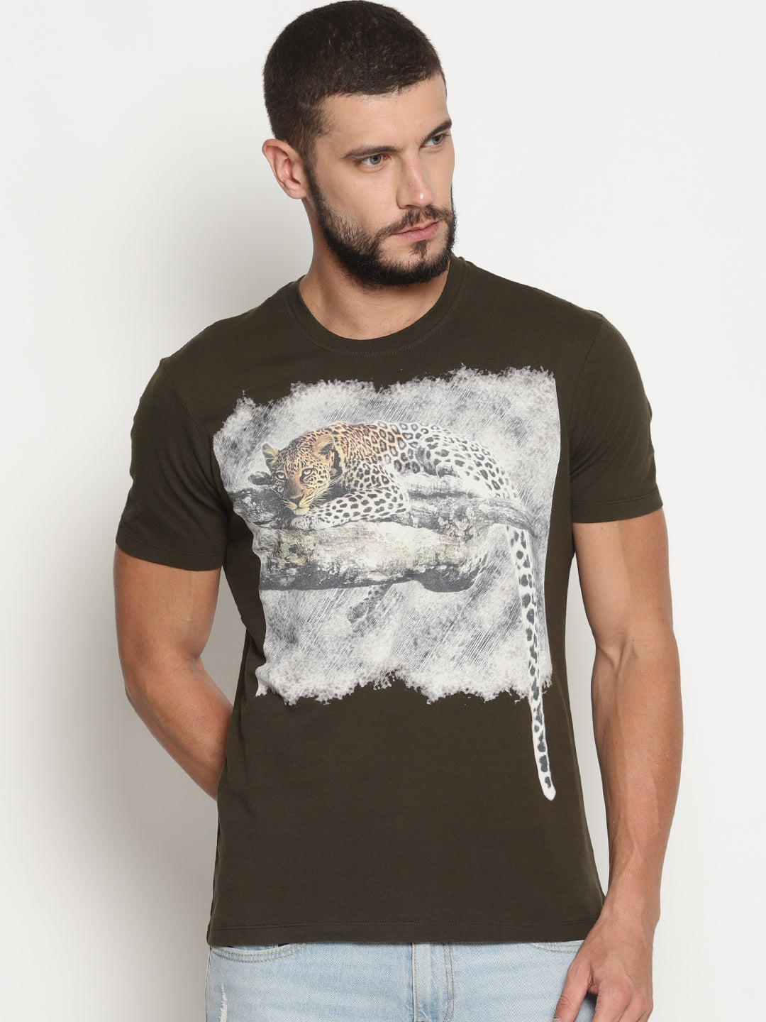 Wolfpack Men Olive Green Printed T-Shirt Wolfpack