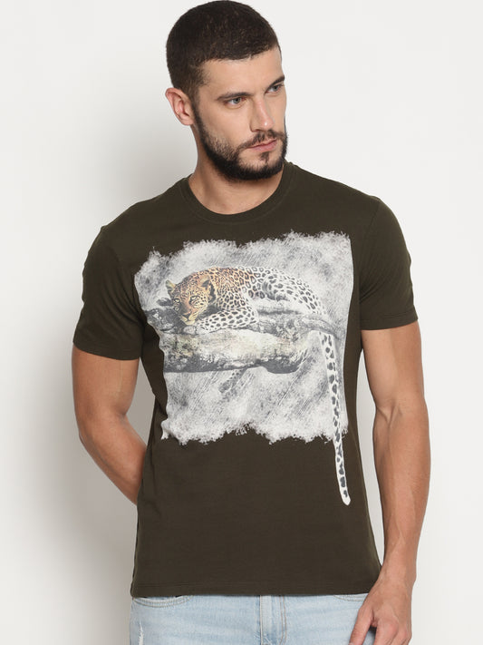 Wolfpack Men Olive Green Printed T-Shirt Wolfpack