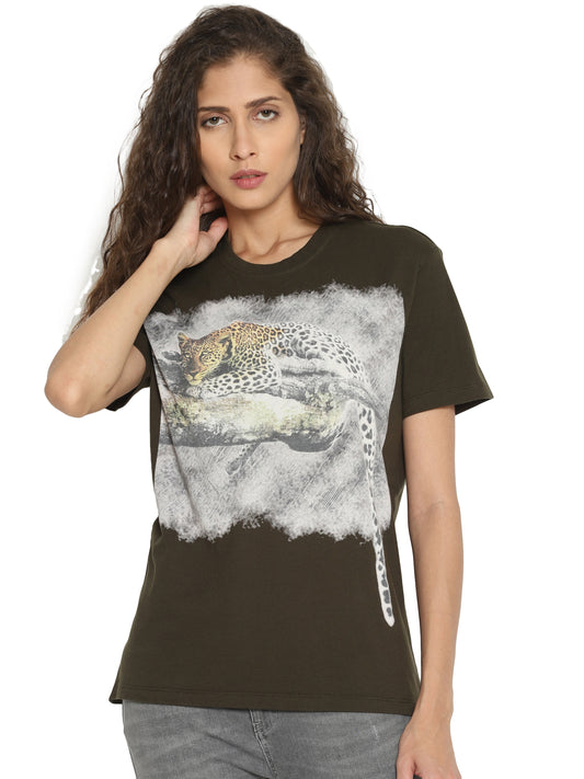 Wolfpack Women Olive Green Printed T-Shirt Wolfpack