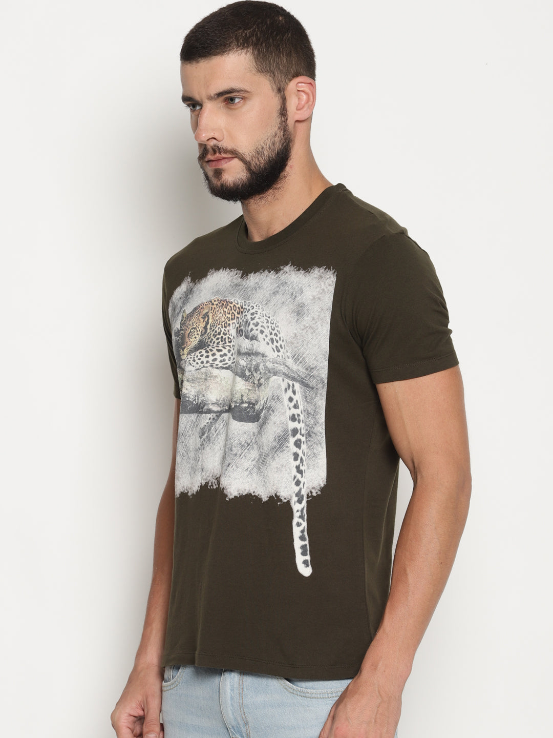 Wolfpack Men Olive Green Printed T-Shirt Wolfpack