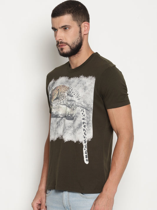 Wolfpack Men Olive Green Printed T-Shirt Wolfpack