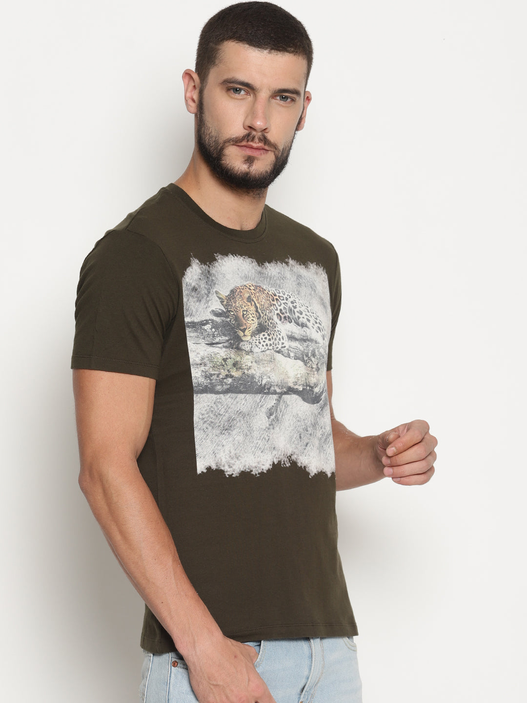 Wolfpack Men Olive Green Printed T-Shirt Wolfpack