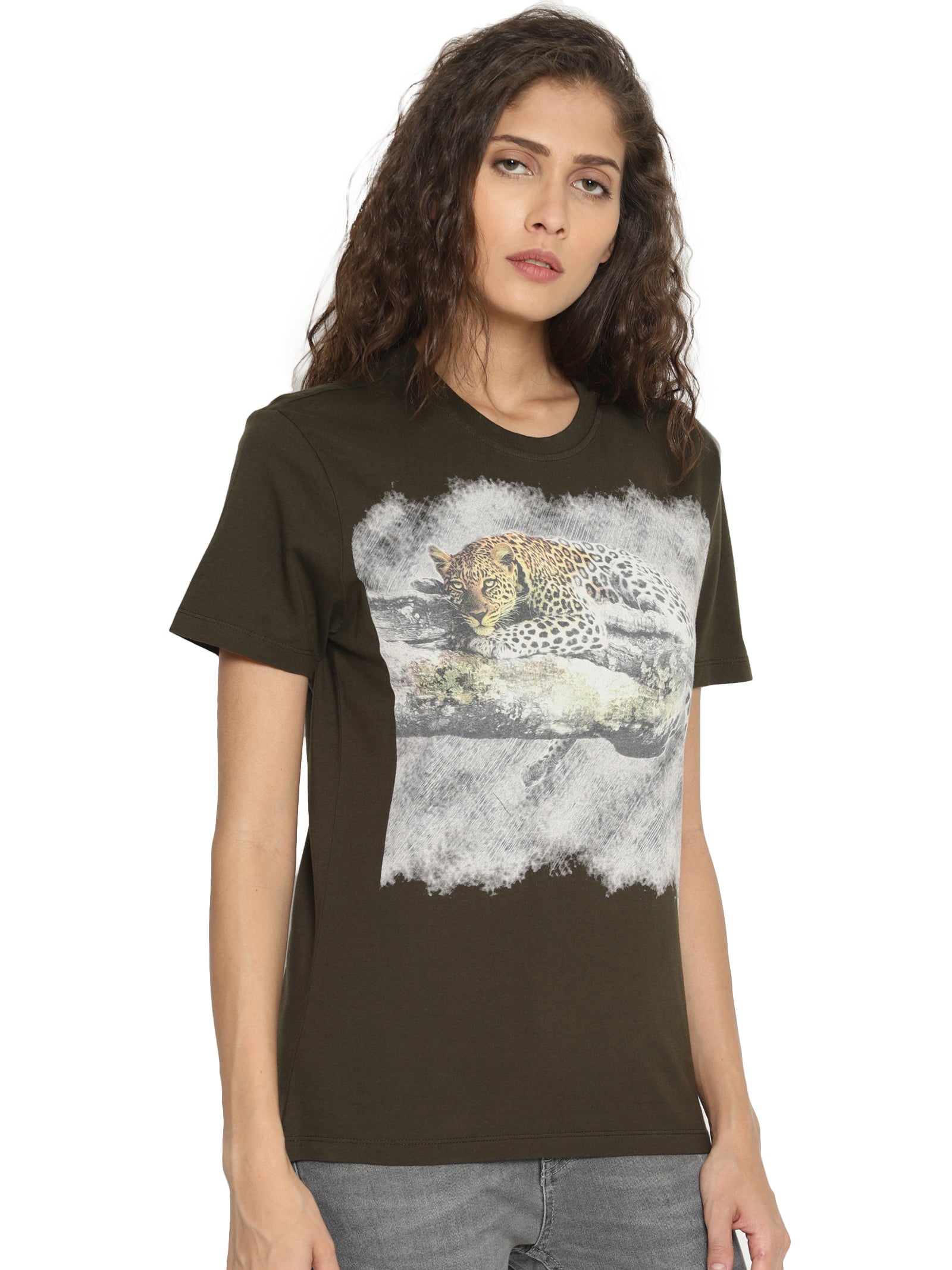 Wolfpack Women Olive Green Printed T-Shirt Wolfpack