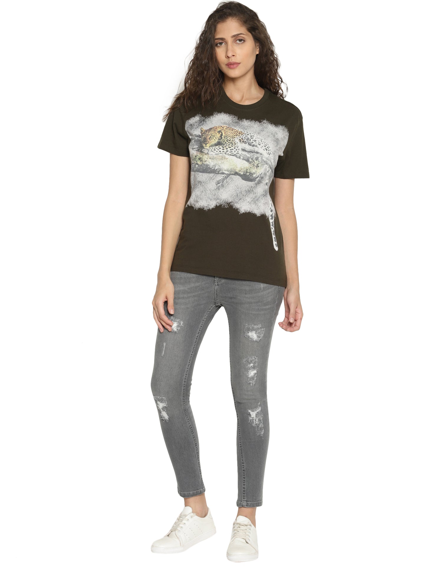 Wolfpack Women Olive Green Printed T-Shirt Wolfpack