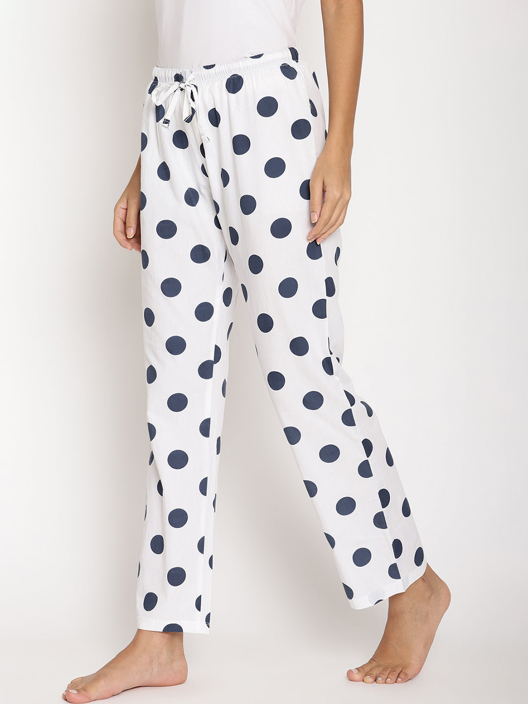 Wolfpack Women White and Black Polka Dot Printed Night Pant Wolfpack