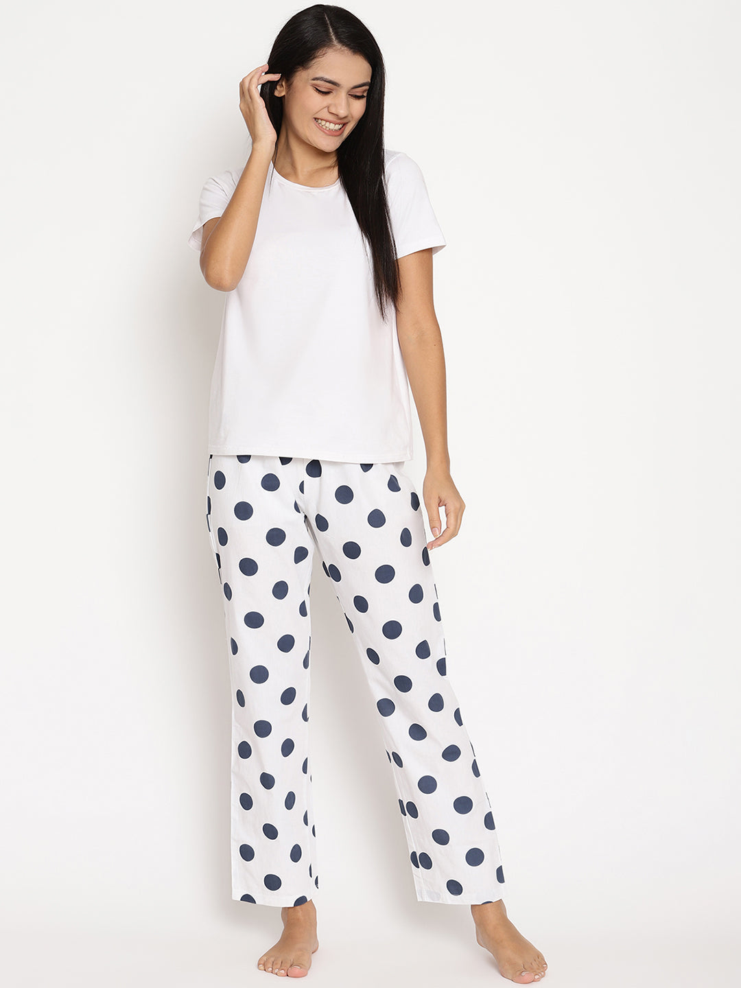 Wolfpack Women White and Black Polka Dot Printed Night Pant Wolfpack