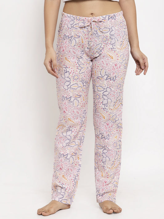 Wolfpack Women White Floral Printed Night Pants Wolfpack
