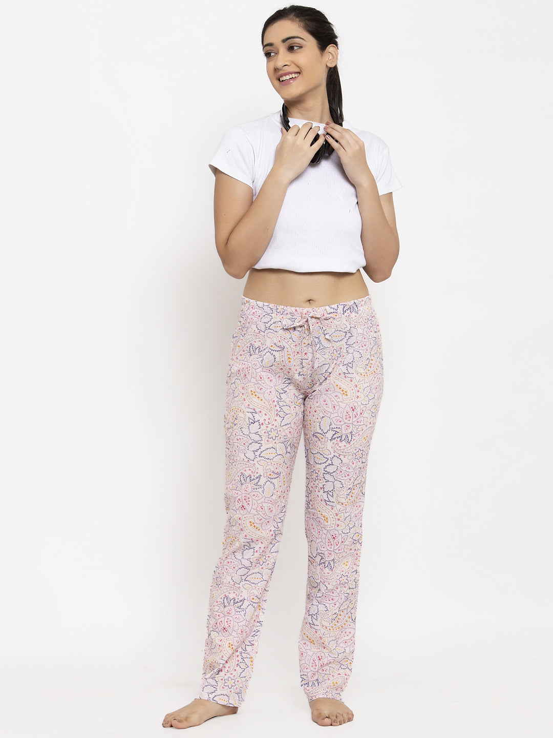 Wolfpack Women White Floral Printed Night Pants Wolfpack