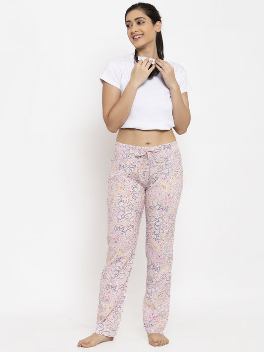 Wolfpack Women White Floral Printed Night Pants Wolfpack