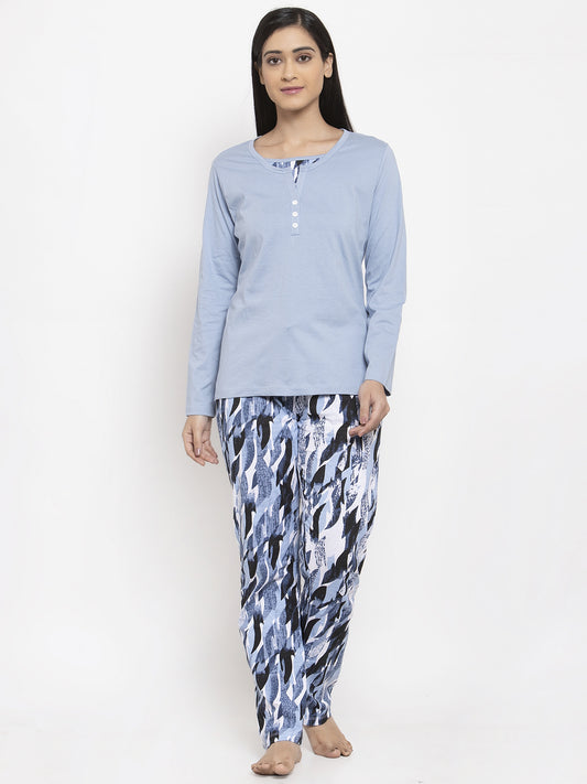 Wolfpack Women Light Blue Printed Night Suit Wolfpack