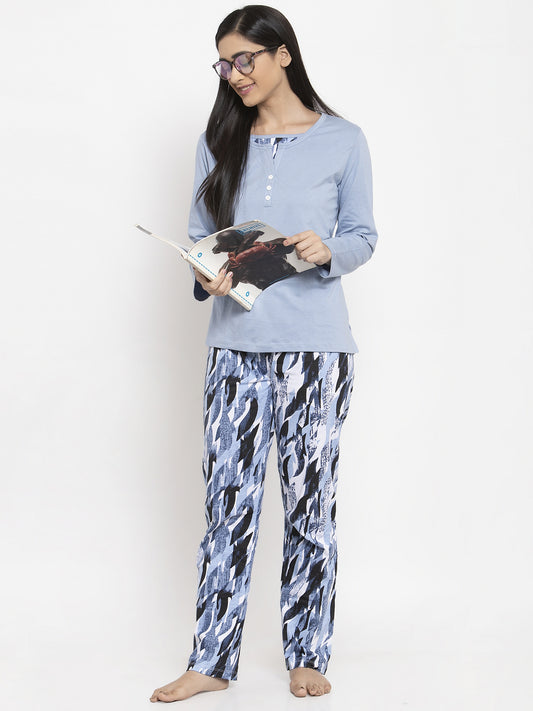 Wolfpack Women Light Blue Printed Night Suit Wolfpack
