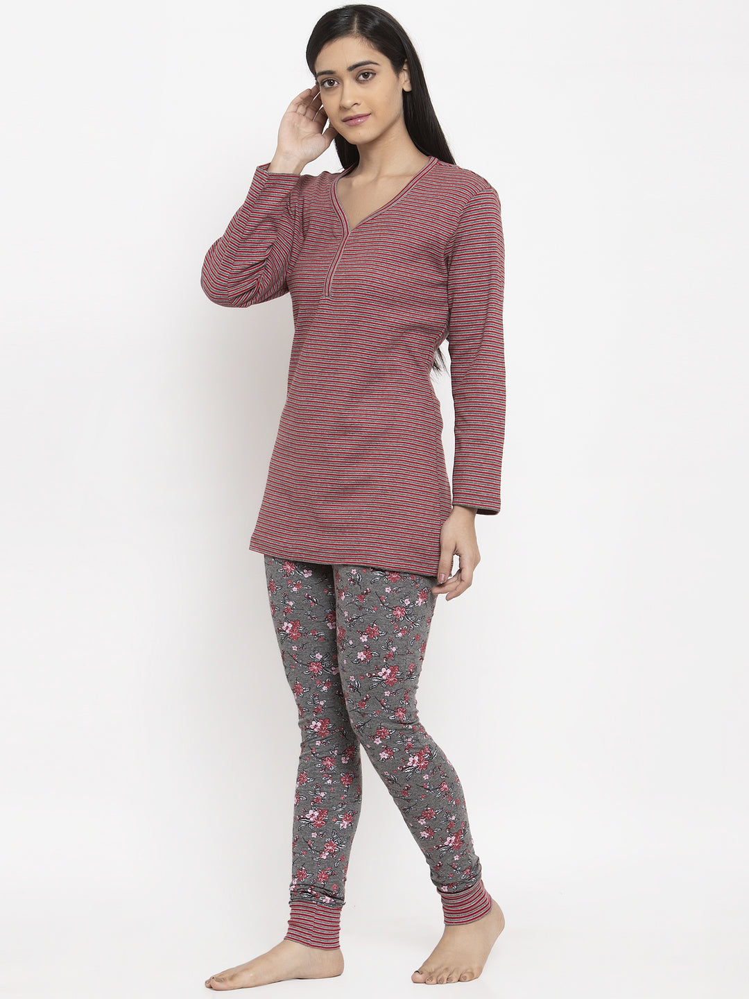 Wolfpack Women Grey Red Printed Night Suit Wolfpack
