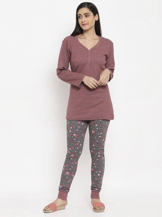Wolfpack Women Grey Red Printed Night Suit Wolfpack