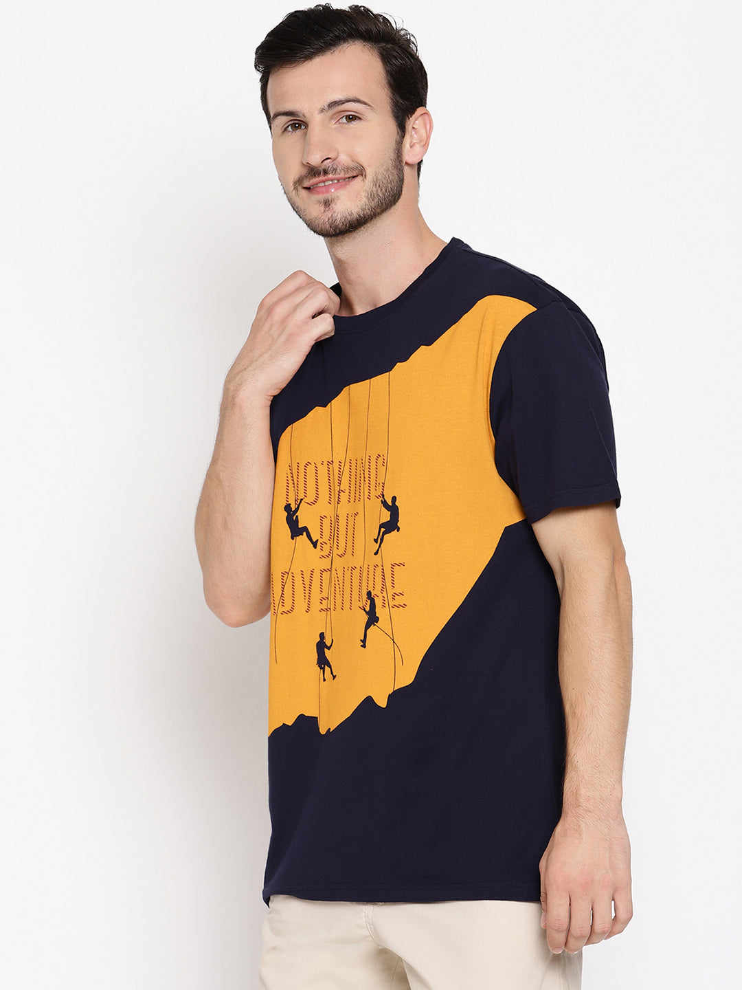 Nothing But Adventure Navy Blue with Yellow Printed Men T-Shirt Wolfpack