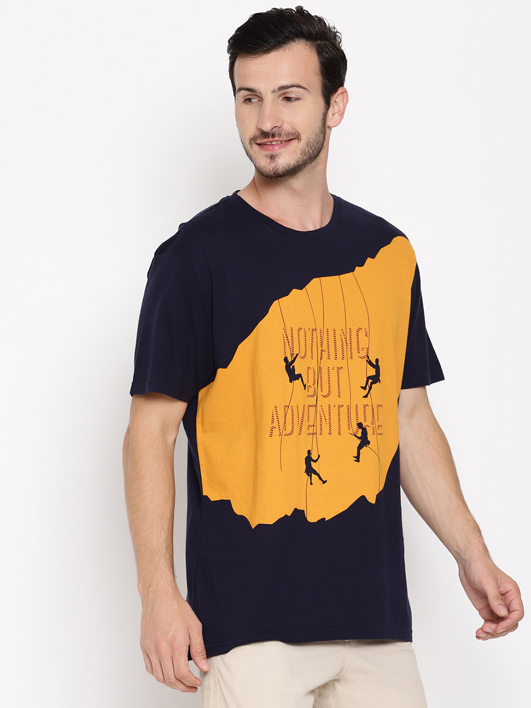 Nothing But Adventure Navy Blue with Yellow Printed Men T-Shirt Wolfpack