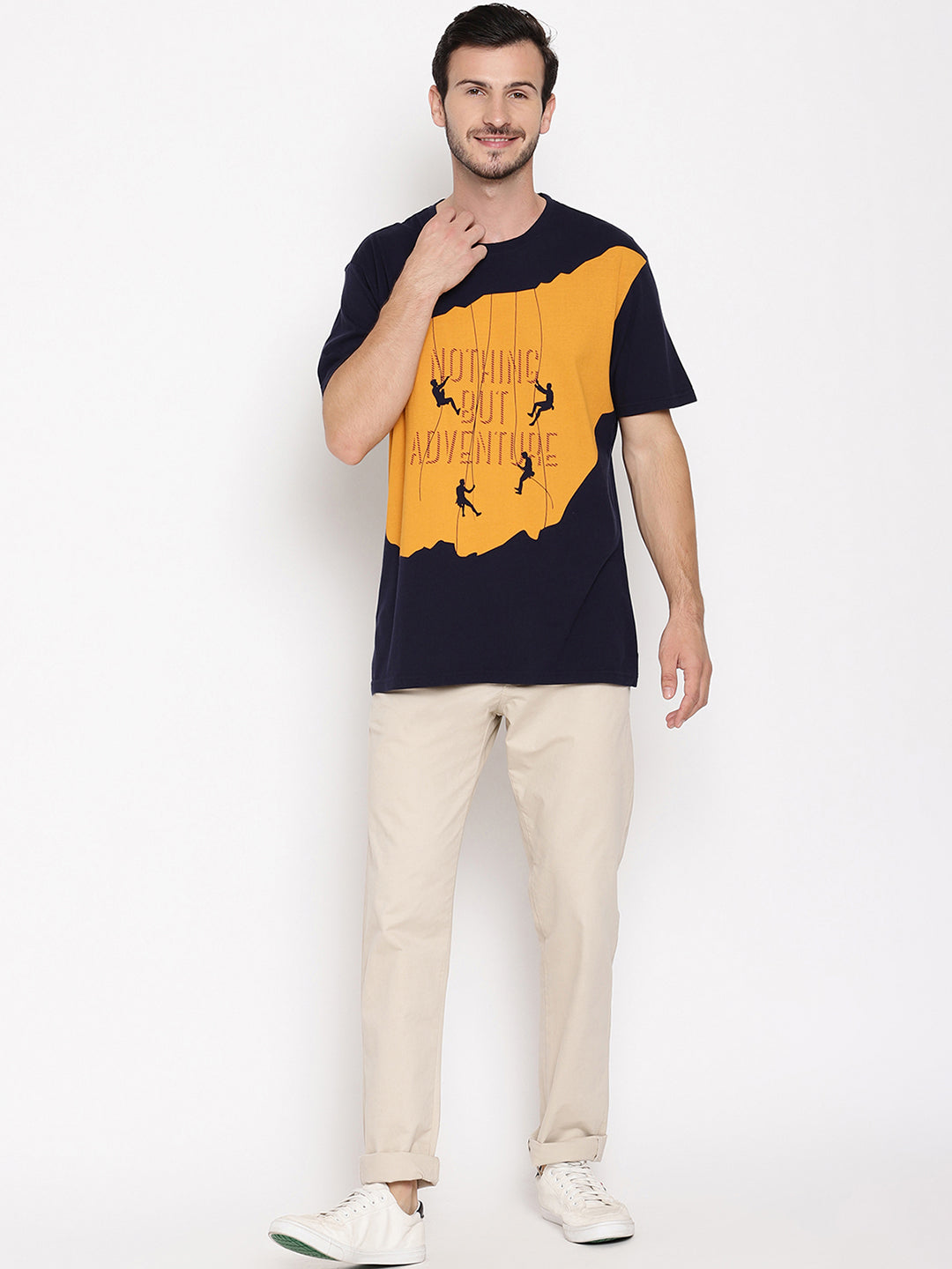 Nothing But Adventure Navy Blue with Yellow Printed Men T-Shirt Wolfpack